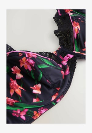 Schwarzer BH mit floralen Mustern in lila und pinken Orchideen, Spitzenbesatz, verstellbaren Trägern und Unterbruststütze für eine formende Wirkung.