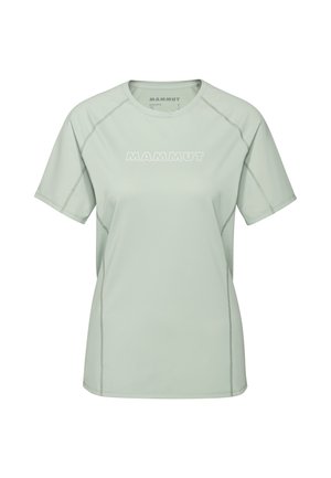 Lichtgroen sportief T-shirt met korte mouwen en ronde hals, met contrasterende naden en het "MAMMUT"-logo in het wit gedrukt op de borst.