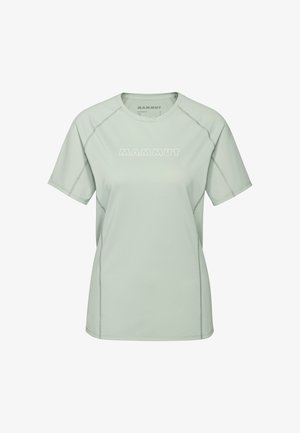 Lichtgroen sportief T-shirt met korte mouwen en ronde hals, met contrasterende naden en het "MAMMUT"-logo in het wit gedrukt op de borst.
