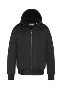 Haut à capuche zippé noir avec une doublure intérieure douce, doté d'une capuche à cordon de serrage, de poignets côtelés et de deux poches latérales zippées. Texture lisse.