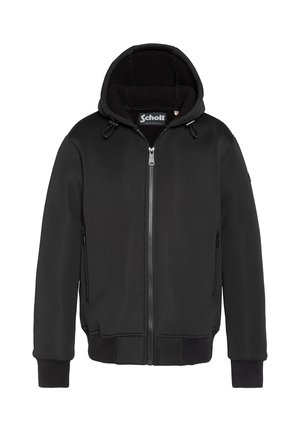 Sort zip-up hættetrøje med blød indvendig foring, der har en snøre i hætten, ribbede manchetter og to sidelommer med lynlås. Glat tekstur.