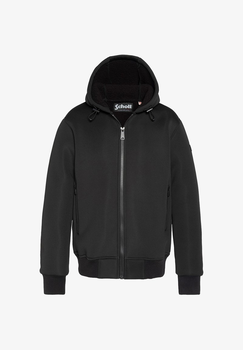Haut à capuche zippé noir avec une doublure intérieure douce, doté d'une capuche à cordon de serrage, de poignets côtelés et de deux poches latérales zippées. Texture lisse.