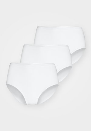 White cotton underwear—set of three. High-waisted design with a smooth waistband. Soft texture, seamless edges, and full coverage fit.
