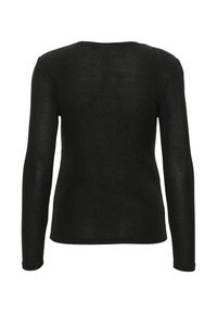 Black long-sleeve fitted shirt with subtle shimmer, displayed from the back on a white background.