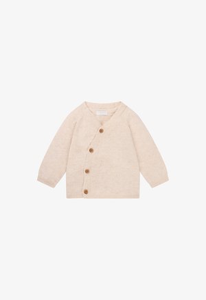 Cardigan en tricot beige avec un col en V, tissu texturé et cinq boutons en bois sur le devant. Manches longues avec des bords côtelés.