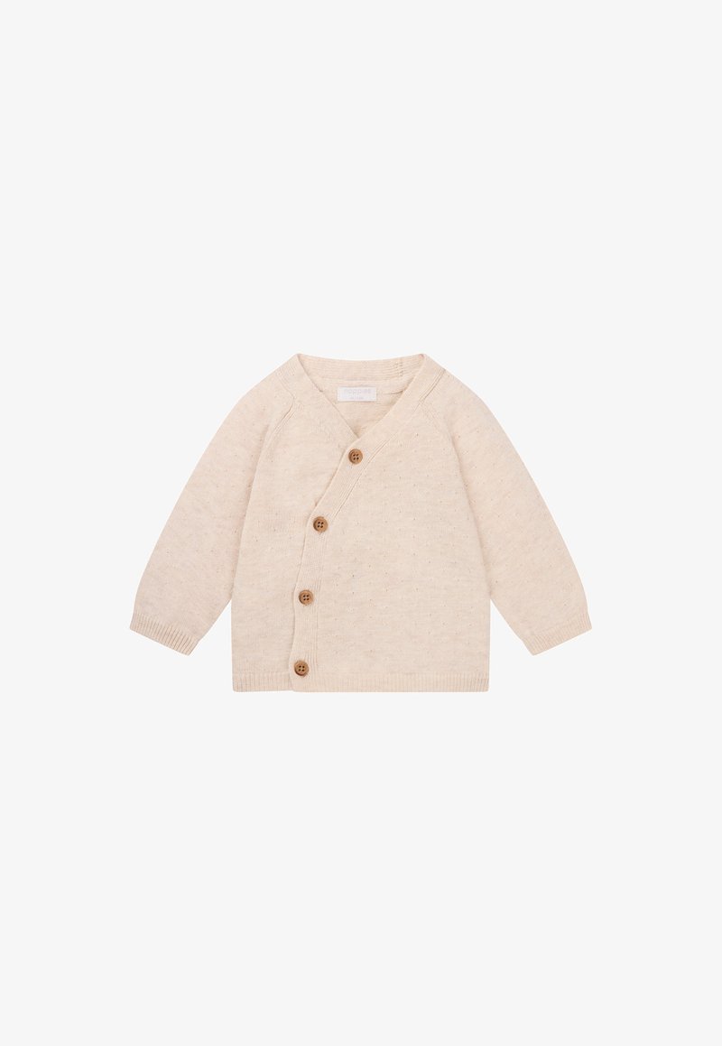 Beige gebreide cardigan met een V-hals, textuurstof en vijf houten knopen aan de voorkant. Lange mouwen met geribbelde manchet.