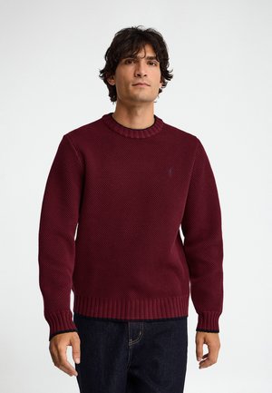 Hombre con cabello oscuro que lleva un suéter rojo oscuro texturizado con cuello redondo y vaqueros azul oscuro, de pie frente a un fondo blanco liso.