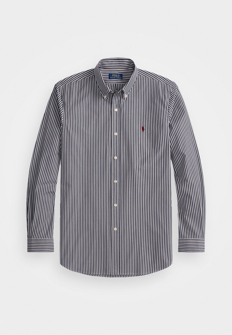 Navy- og hvidstribet langærmet skjorte lavet af bomuld, med en button-down krave, hvide knapper og et lille rødt logo på brystet.