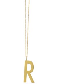 Pendentif en or en forme de grande lettre "R" majuscule, avec une finition lisse et mate, suspendu à une chaîne délicate.