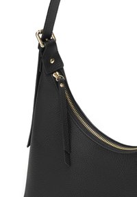 Black leather shoulder bag with a curved shape, gold zipper, and textured surface. Features a detachable strap and metal hardware accents.