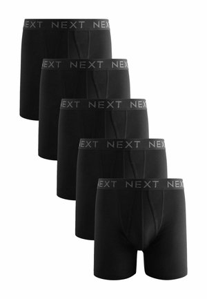 Schwarze Boxerbriefs mit elastischem Bund, der das Logo "NEXT" zeigt. Glattes Material mit einer figurbetonten Passform. Fünf Paar in einer Reihe angeordnet.