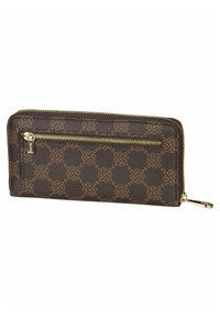 Brown leather wallet with gold accents, featuring a geometric pattern, a zippered compartment, and a flat design for easy storage.