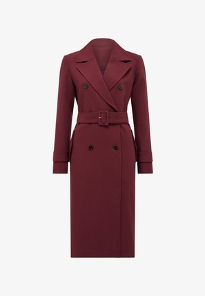 Trench coat burdeos con un diseño estructurado, botones de doble botonadura, amplios solapas y una cintura con cinturón. Cuenta con dos bolsillos laterales.