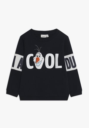 Schwarzer Kinder-Sweatshirt mit langen Ärmeln, auf dem "COOL" steht, wobei Olafs Gesicht aus dem Film Frozen den Buchstaben "O" ersetzt, und mit zusätzlichem Text auf den Ärmeln.