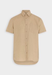 Camisa de manga corta beige en tejido ligero, con cuello abotonado, bolsillo delantero y diseño de dobladillo redondeado.