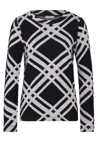 Czarny sweter z białym geometrycznym wzorem w krzyż, z długimi rękawami i okrągłym dekoltem.