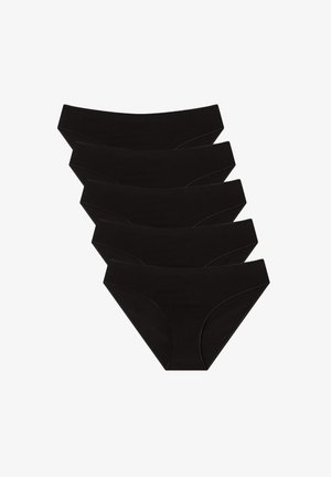 Czarny zestaw pięciu bawełnianych majtek bikini, charakteryzujący się gładką fakturą, szeroką talią oraz brakiem widocznych wzorów czy ozdób.