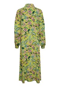 Robe longue verte avec motif floral, dotée de longues manches, d'un col et d'une coupe décontractée. Fabriquée en tissu léger, texture lisse.