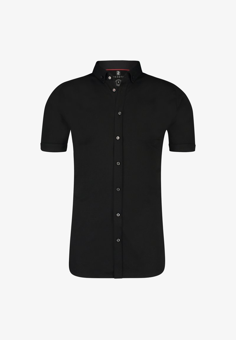 Schwarzes kurzärmliges Hemd mit Knopfleiste aus glattem Stoff, mit klassischem Kragen, schwarzen Knöpfen und sauberer Naht.