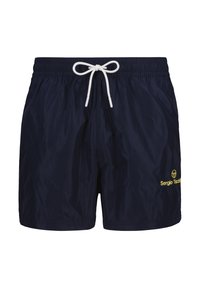 Pantaloni da bagno blu navy realizzati in materiale leggero, con vita elastica e cordino bianco, accentuati da un logo giallo.