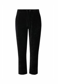 Zwarte velours joggerbroek met elastische tailleband, trekkoorddetail en cropped lengte. Zachte textuur met een gladde afwerking.