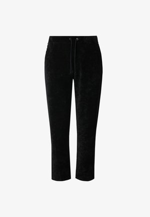 Černé velurové tepláky s elastickým pasem, detaily na šňůrku a zkrácenou délkou. Měkká textura s hladkým povrchem.