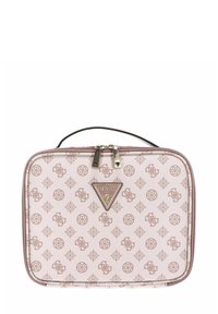 Borsa cosmetica rosa con motivo ripetuto di loghi e simboli. Progettata con chiusura a cerniera e manico superiore per un facile trasporto.