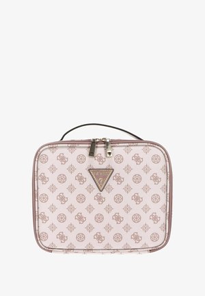 Borsa cosmetica rosa con motivo ripetuto di loghi e simboli. Progettata con chiusura a cerniera e manico superiore per un facile trasporto.