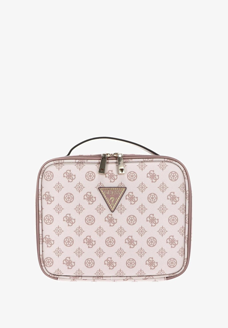 Borsa cosmetica rosa con motivo ripetuto di loghi e simboli. Progettata con chiusura a cerniera e manico superiore per un facile trasporto.