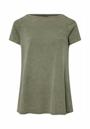 Luźna, oliwkowo-zielona bluzka z krótkim rękawem, wykonana z prążkowanego dzianego materiału z okrągłym dekoltem i subtelną fakturą, idealna do noszenia na co dzień.
