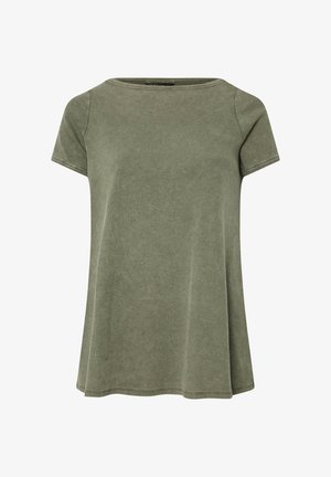 Kortærmet, løs pasform, olivengrøn ribstrikket top med rund halsudskæring og subtil tekstur, velegnet til afslappet brug.