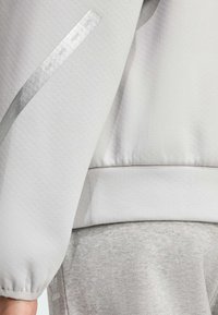 Hellgrauer sportlicher Pullover aus strukturiertem Stoff mit elastischen Bündchen. Mit reflektierendem silbernen Streifen, der die Jahre 2016 bis 2021 zeigt.