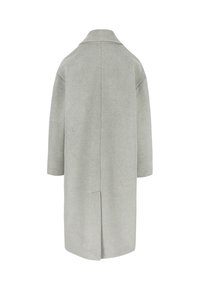 Lichte grijze overjas met een kraag, lange mouwen en een rechte snit met een rugventilatie voor gemakkelijke beweging. Glad textiel.