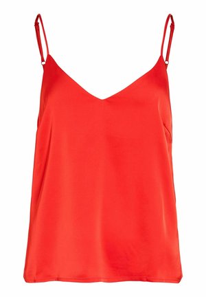 Haut caraco en satin rouge avec fines bretelles spaghetti ajustables et décolleté en V, présenté sur un fond blanc.