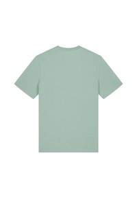 T-shirt vert menthe, manches courtes, col rond, en coton doux, design uni sans motifs ni accents, vue arrière montrée.