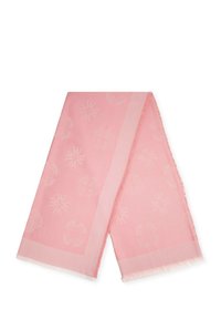 Écharpe tissée rose avec un motif subtil et des bords frangés. Le design comprend divers motifs dans une teinte de rose plus claire.