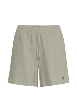 Svetlo sive priložnostne kratke hlače z elastičnim pasom in sprednjim vrvico za zavezovanje, z majhno okroglo logotipno značko blizu roba.