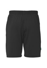 Zwarte sportshorts met een elastische tailleband, een gladde textuur en geen zichtbare patronen of accenten. Bevat een klein groen label aan de zijkant.