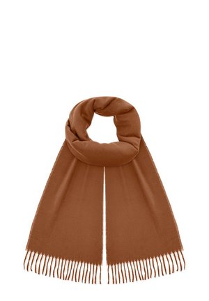 Brązowy szalik wykonany z miękkiego materiału, z frędzlami na obu końcach, zaprojektowany w prostym, wydłużonym kształcie.