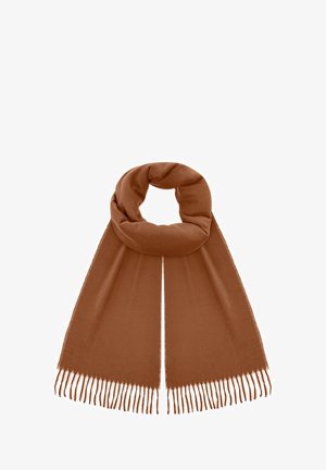 Brązowy szalik wykonany z miękkiego materiału, z frędzlami na obu końcach, zaprojektowany w prostym, wydłużonym kształcie.
