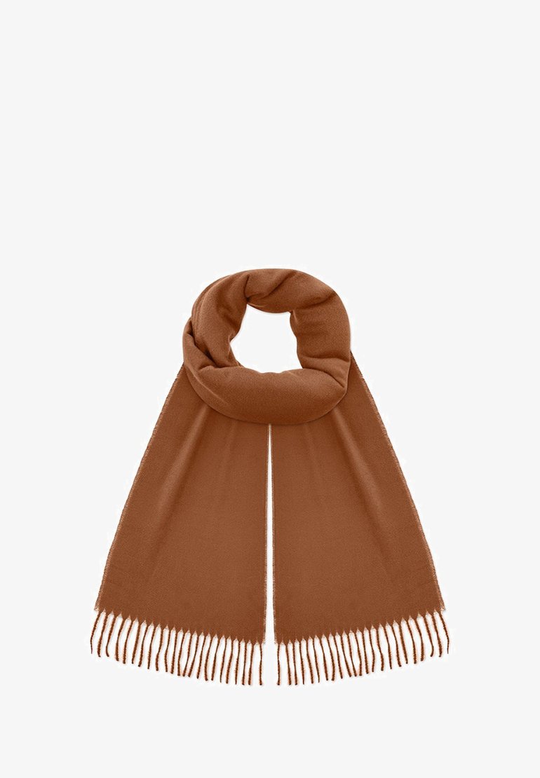 Brązowy szalik wykonany z miękkiego materiału, z frędzlami na obu końcach, zaprojektowany w prostym, wydłużonym kształcie.