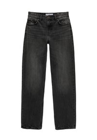 Jeans in denim nero con vestibilità rilassata, gamba dritta, cinque tasche e un leggero sbiadimento. Presentano una chiusura classica con bottone e zip.