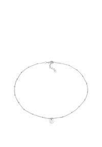 Collana in argento con piccole perline circolari e un pendente circolare piatto al centro, dotata di chiusura regolabile sul retro.