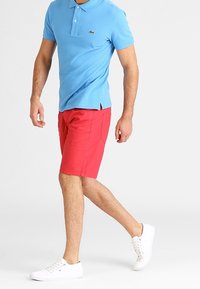 Blue polo shirt with a collar, red shorts, and white sneakers. The polo has a small logo on the chest; shorts are knee-length.
