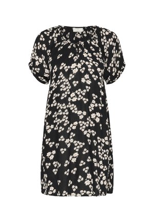 Robe noire à manches courtes avec un motif floral en blanc et rouge. Tissu léger avec une coupe ample et un col rond.
