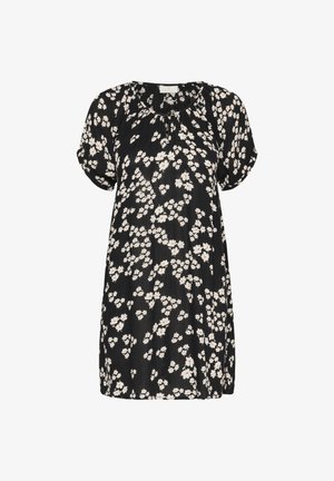 Černé šaty s krátkými rukávy s květinovým vzorem v bílé a červené barvě. Lehký materiál s volným střihem a kulatým výstřihem.