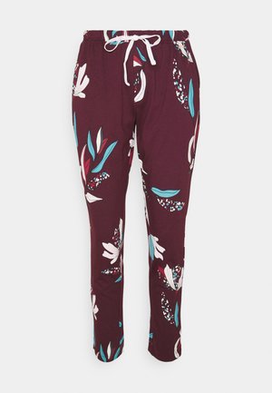 Maroon pants with a floral pattern in white, teal, and red. Features an elastic waistband with a drawstring. Smooth, lightweight fabric.