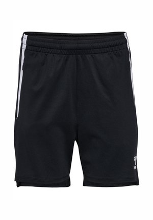 Pantalones cortos deportivos negros con franjas blancas a los lados, cinturilla elástica y un pequeño logo blanco cerca del dobladillo inferior en la pierna izquierda.