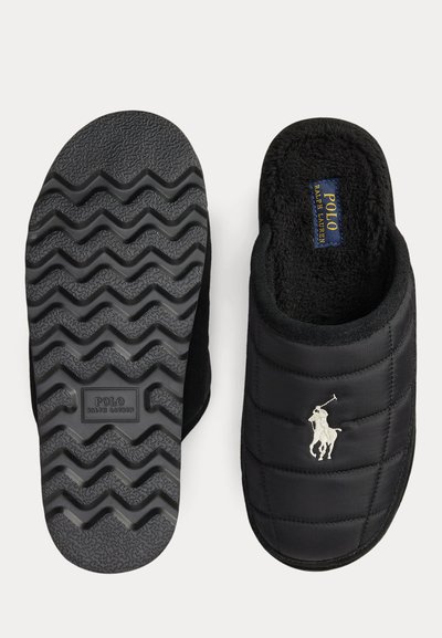 Black Polo Ralph Lauren slippers with quilted fabric, white polo player logo on top, and textured rubber soles with zigzag pattern.