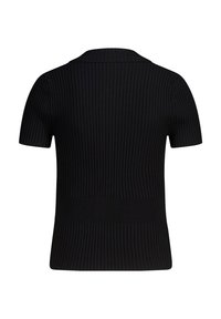 Black ribbed short-sleeve top featuring a collared neckline and textured fabric. The design includes vertical lines and a fitted silhouette.